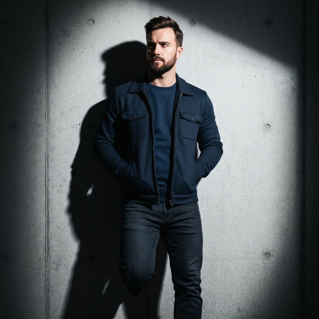 Full body leaning against concrete wall, mysterious vibe